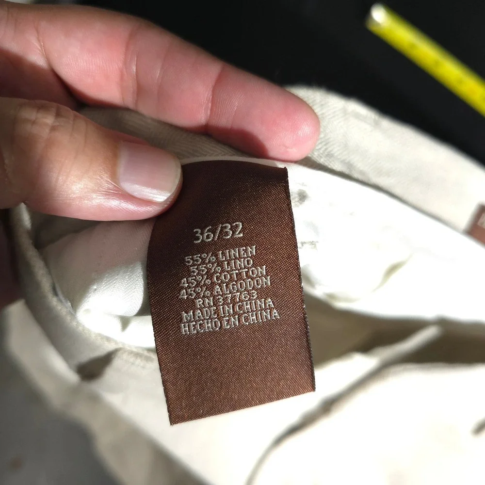 Perry Ellis Linen Blend Pants Mens 36x32 Cream Herringbone Flat Front Straight